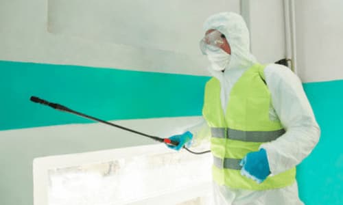 disinfestatore vestito in divisa con gilet catarifrangente con attrezzo per disinfestare